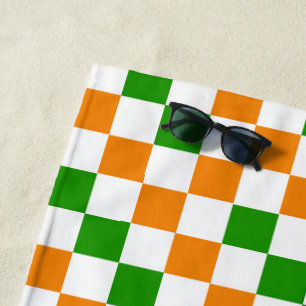 Orange White Green Chequered Pattern Design Beach Towel