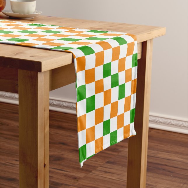 Orange White Green Chequered Pattern Design  Short Table Runner (In Situ)
