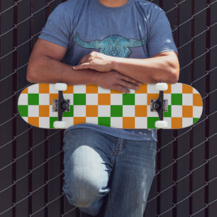 Orange White Green Chequered Pattern Design Skateboard
