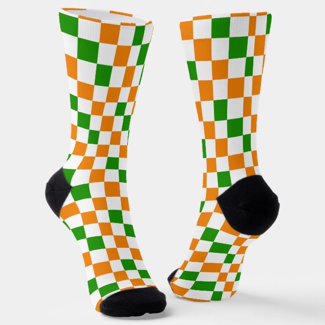 Orange White Green Chequered Pattern Design  Socks (Angled)