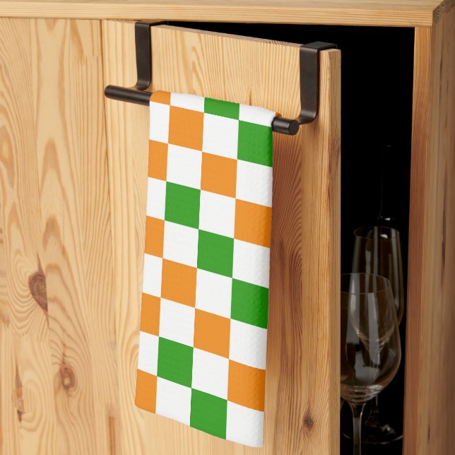 Orange White Green Chequered Pattern Design  Tea Towel (Thirds Fold)
