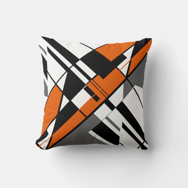 Orange, White, Grey, Black Diagonal Abstract Cushion (Front)