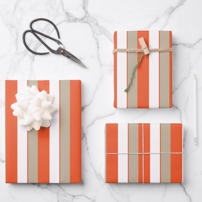Orange White Grey Stripes    Wrapping Paper Sheet (Front)