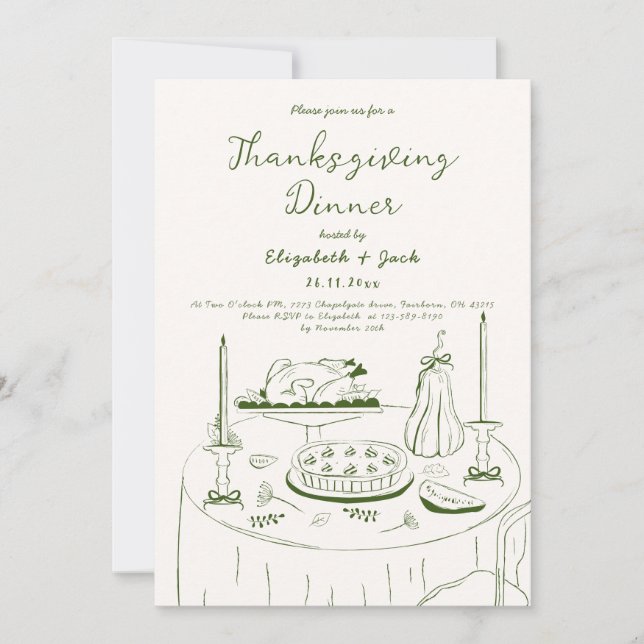 Orange & White Hand Drawn Table Thanksgiving Party Invitation (Front)