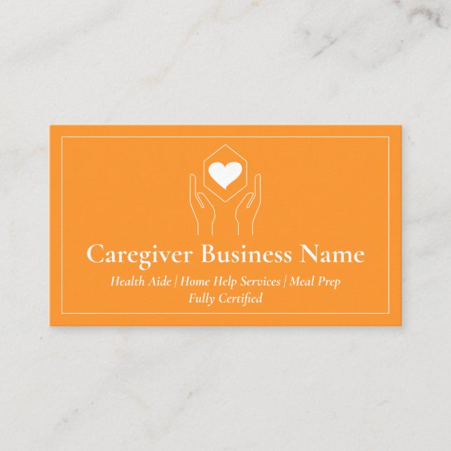 Orange White Hand Heart Minimal Caregiver Business Card (Front)