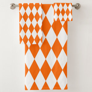 Orange White Harlequin Diamonds Checkers Design Bath Towel Set