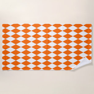 Orange White Harlequin Diamonds Checkers Design Beach Towel