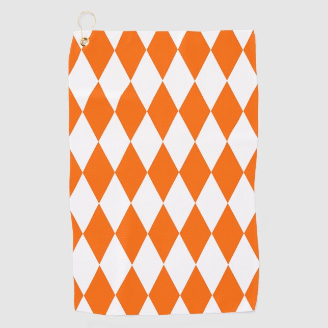 Orange White Harlequin Diamonds Checkers Design  Golf Towel (Front)