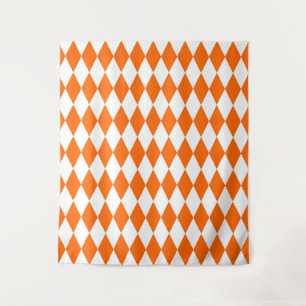 Orange White Harlequin Diamonds Checkers Design Tapestry