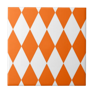 Orange White Harlequin Diamonds Checkers Design Tile