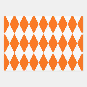 Orange White Harlequin Diamonds Checkers Design Wrapping Paper Sheet