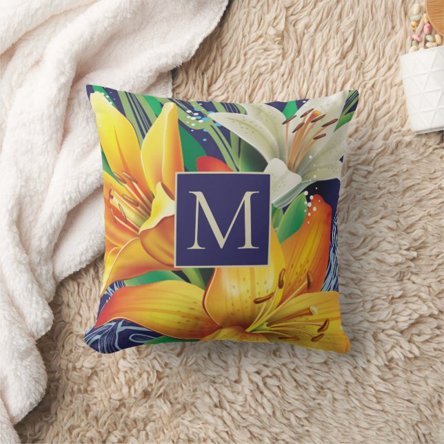 Orange White Lilies Floral Navy Blue Monogram Cushion (Blanket)