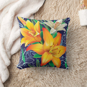 Orange White Lilies Floral Navy Blue Throw Pillow