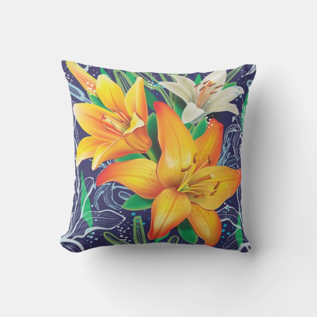 Orange White Lilies Floral Navy Blue Throw Pillow (Front)