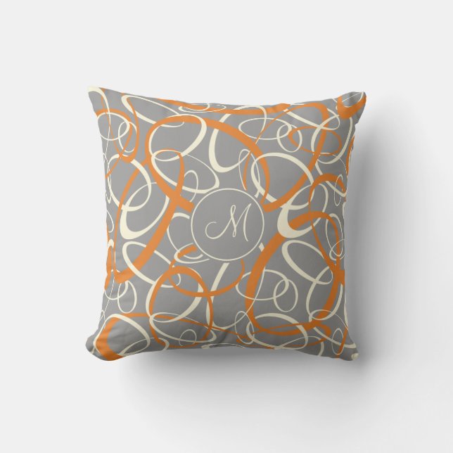 orange white loops on grey geometric pattern cushion (Front)