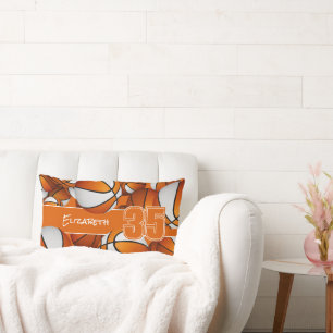 orange white lots of basketballs girls sports room lumbar cushion