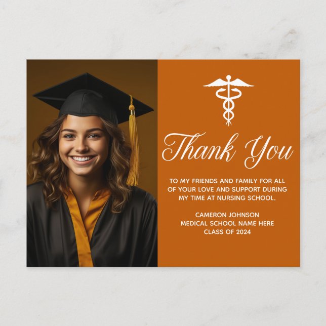 Orange White Medical Caduceus Photo Thank You Postcard (Front)