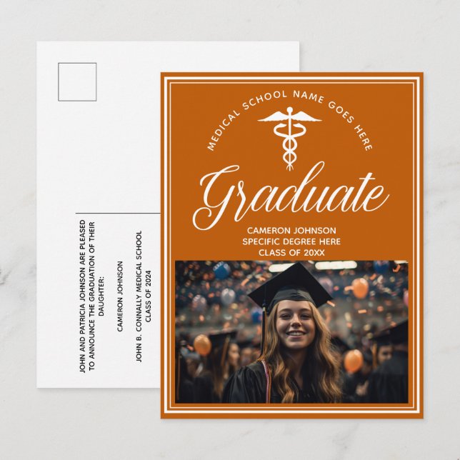 Orange White Medical School Photo Graduation Announcement Postcard (Front/Back)