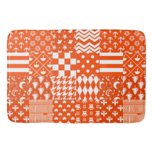 Orange White Mixed Patterns Patchwork Design Bath Mat
