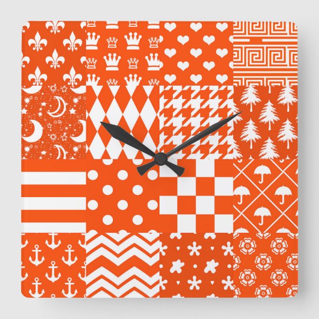 Orange White Mixed Patterns Patchwork Design  Square Wall Clock (Front)