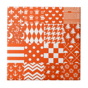 Orange White Mixed Patterns Patchwork Design Tile
