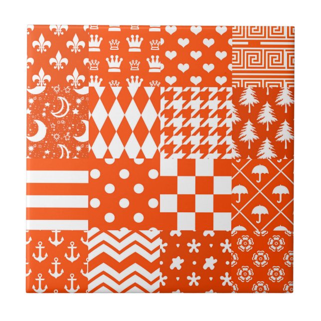 Orange White Mixed Patterns Patchwork Design  Tile (Front)