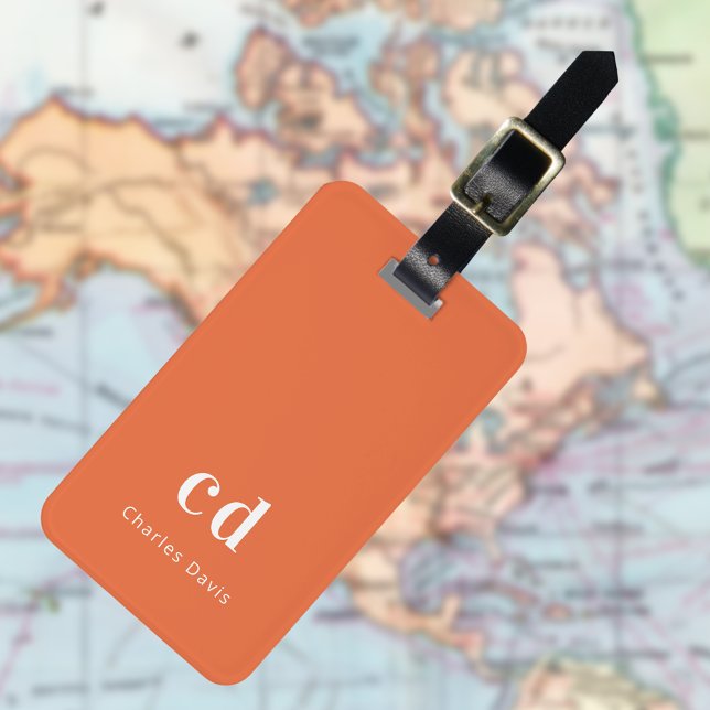 Orange white monogram initials luggage tag (Creator Uploaded)