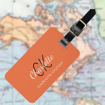 Orange white monogrammed luggage tag<br><div class="desc">A trendy orange background. Personalise and add your monogram letters,  first name and full name on the front. Your contact information on the back.</div>