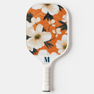 Orange White Navy Blue Flower Modern Monogram Pickleball Paddle