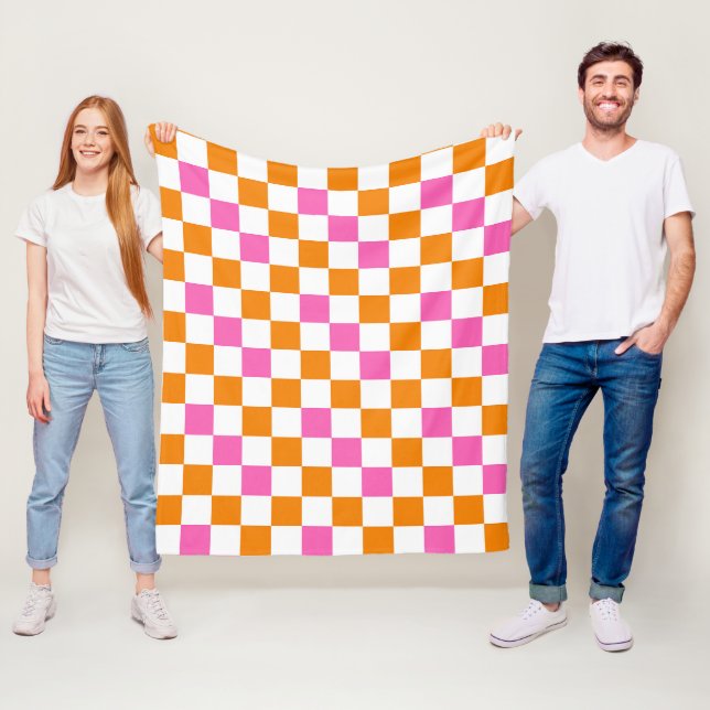 Orange White Pink Chequered Pattern Design  Fleece Blanket (In Situ)