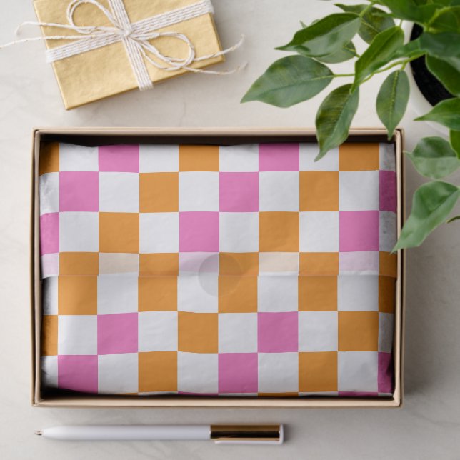 Orange White Pink Chequered Pattern Design  Tissue Paper (Gift)