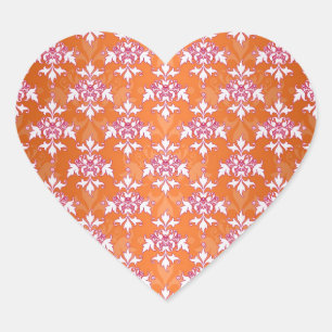 Orange White Pink Damask Pattern Heart Sticker