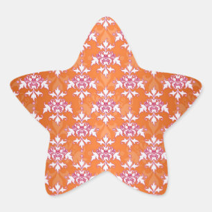 Orange White Pink Damask Pattern Star Sticker