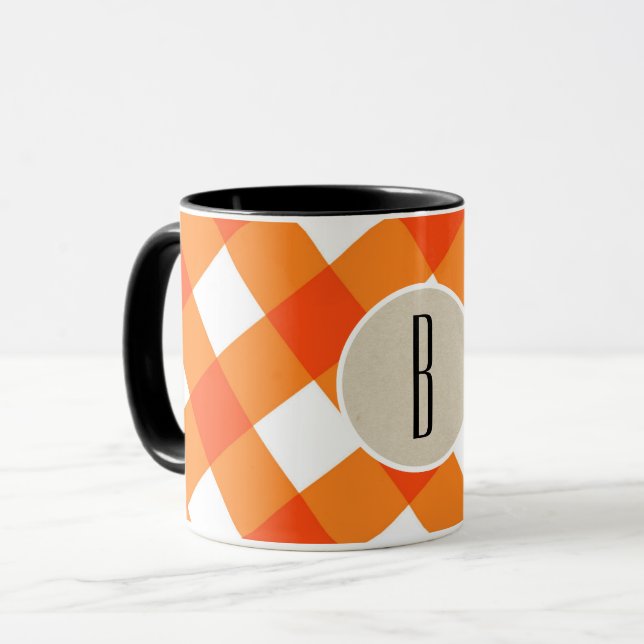 Orange White Plaid Kraft Rustic Monogram Initial Mug (Front Left)