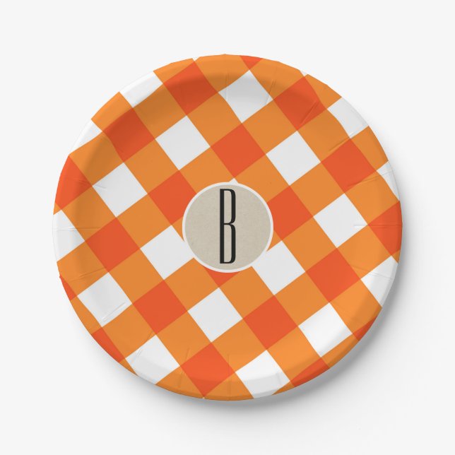 Orange White Plaid Kraft Rustic Monogram Initial Paper Plate (Front)