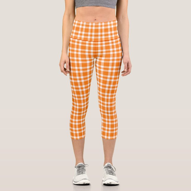Orange White Plaid Pattern Capri Leggings (Front)