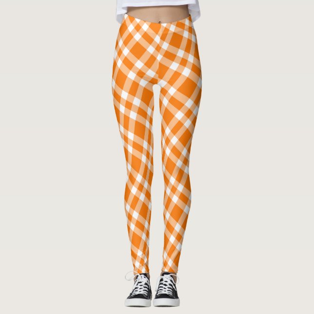 Orange White Plaid Pattern Leggings (Front)