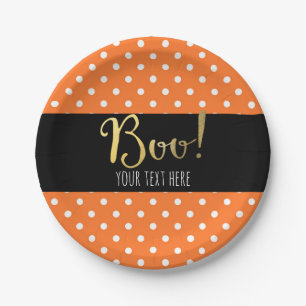 Orange & White Polka Dot Halloween Party Paper Plate