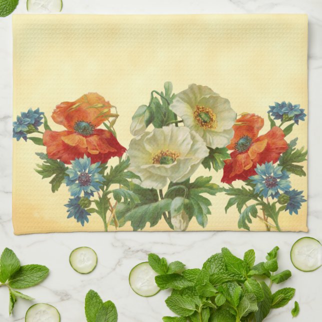 Orange White Poppies and Blue Cornflowers  Tea Towel (Folded)