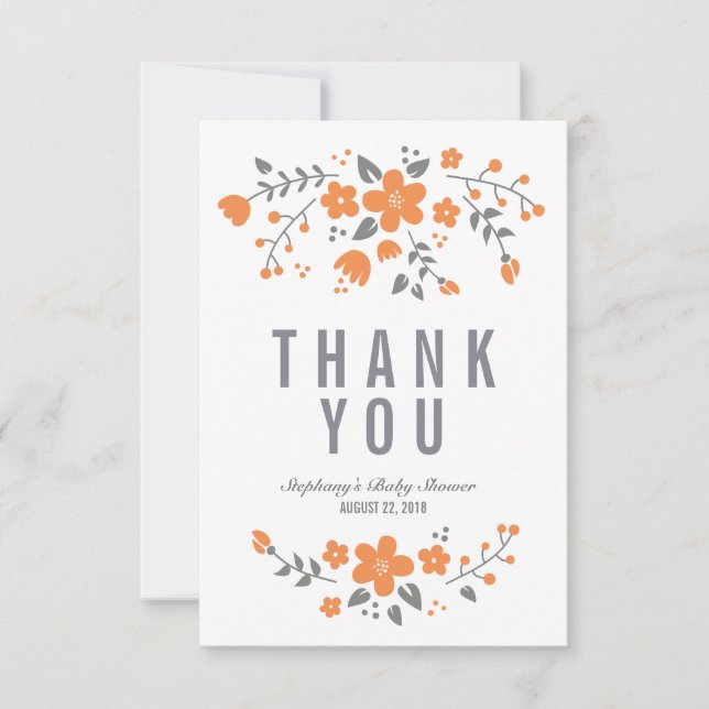 Orange White Pretty Floral Flat Thank You Card (Front)