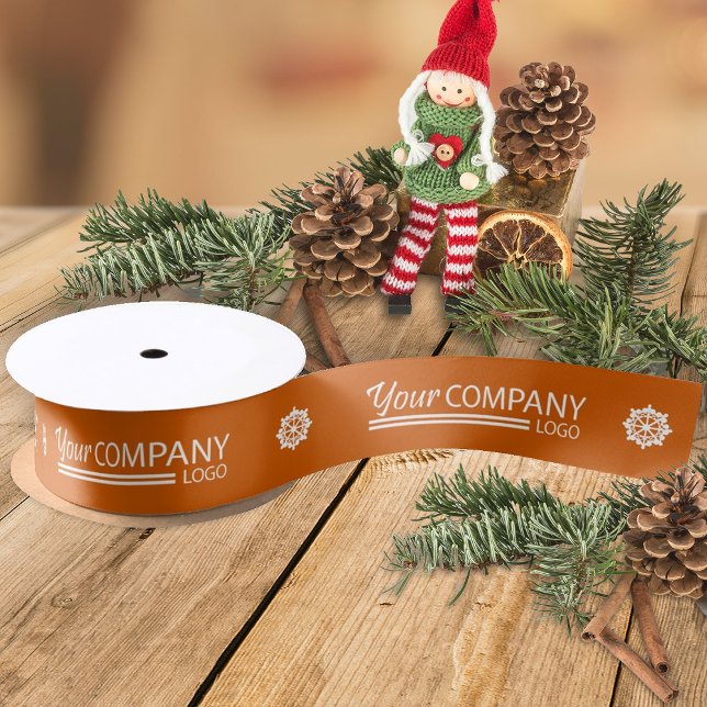 Orange White Promotional Logo Snowflake Christmas Grosgrain Ribbon (orange company logo ribbon for Christmas holiday gifts, orange ribbon with white snowflakes)