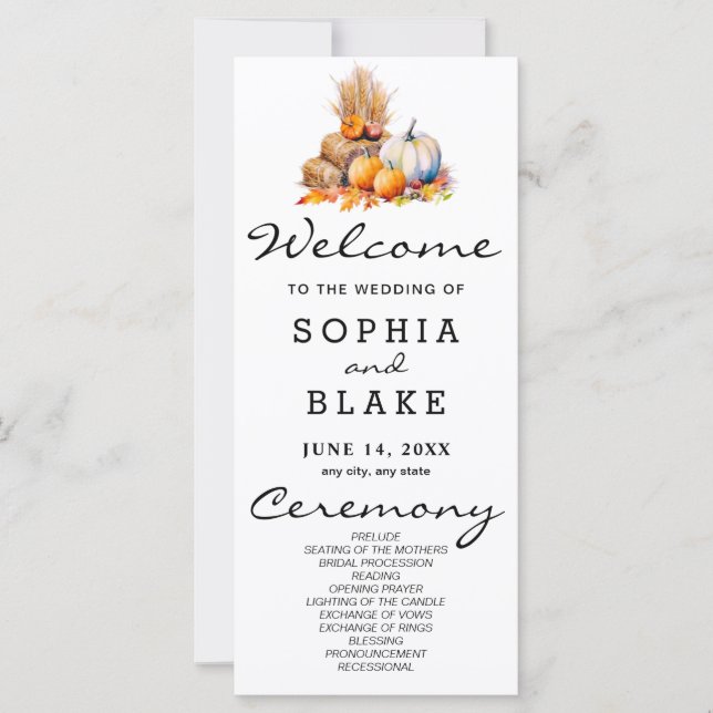 Orange & White Pumpkins Fall White Wedding Program (Front)
