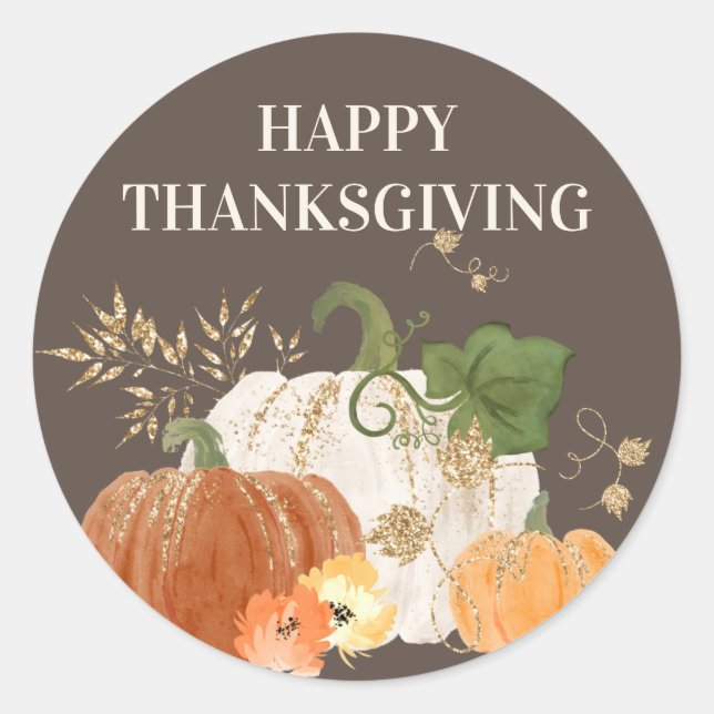 Orange White Pumpkins Gold Glitter Thanksgiving Classic Round Sticker (Front)