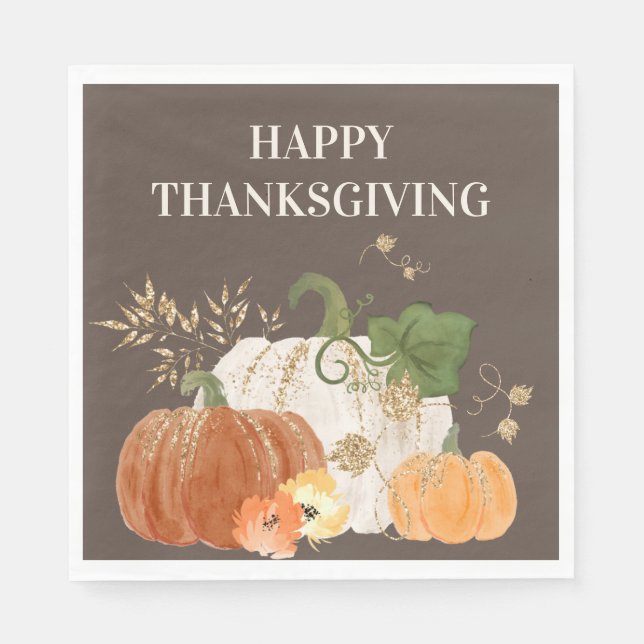Orange White Pumpkins Gold Glitter Thanksgiving  Napkin (Front)