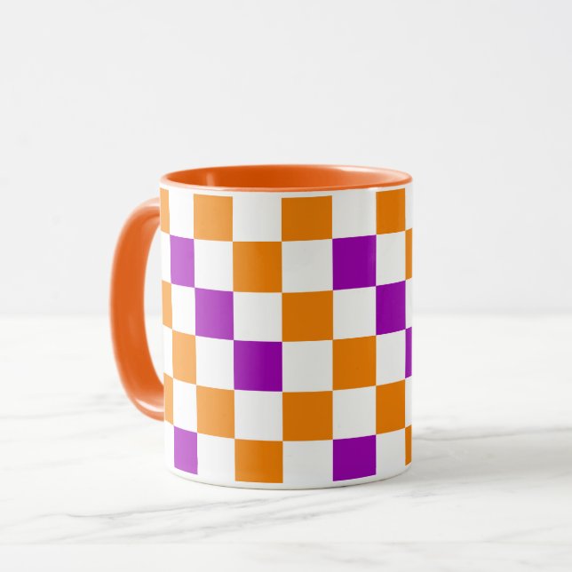 Orange White Purple Chequered Pattern Design  Mug (Front Left)