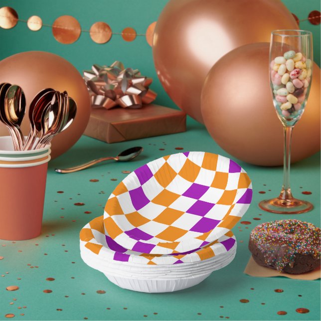 Orange White Purple Chequered Pattern Design  Paper Plate (Multi)