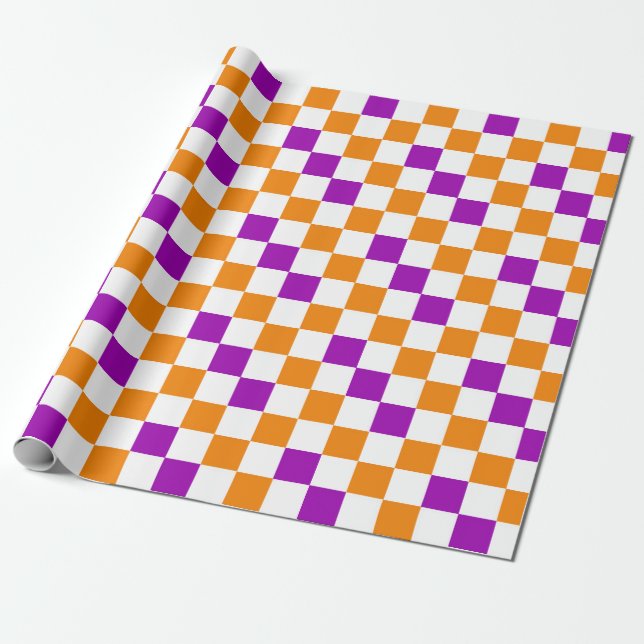 Orange White Purple Chequered Pattern Design  Wrapping Paper (Unrolled)
