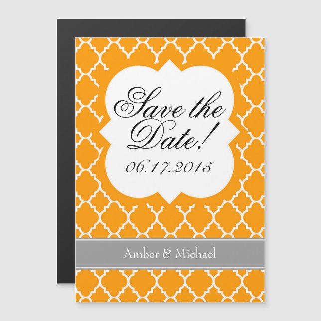 Orange White Quatrefoil Save The Date Magnet (Front/Back)