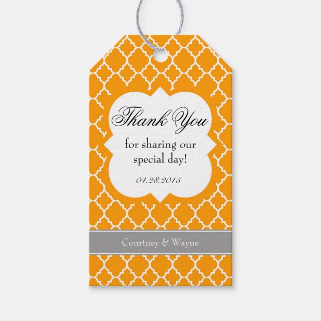 Orange White Quatrefoil Wedding Thank You Tag (Front)