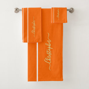 Orange White Racing Stripes Faux Gold Monogrammed Bath Towel Set